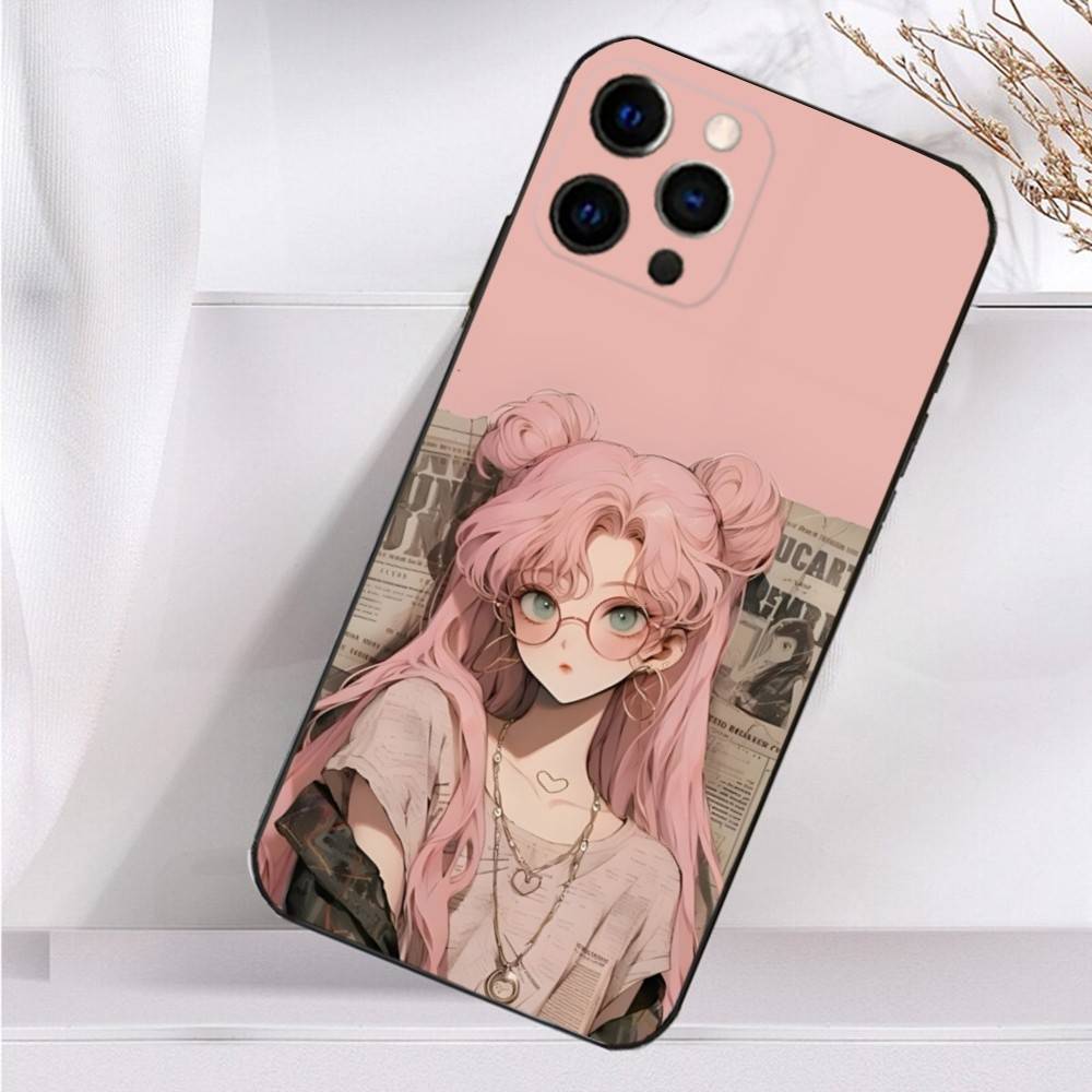 Beauty Girl Cartoon Pink  Case For iPhone 16,15,17,14,13,12,11 Plus,Pro Max,XS,X,XR,SE,Mini,8,7 Soft Silicone Black Cover