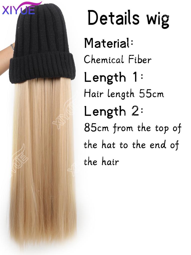 XIYUE Long Synthetic Straight Dark Brown Wigs with Hat Cap Adjustable Hair Wig with Hats for Ladies and Girls Daily Winter Wear