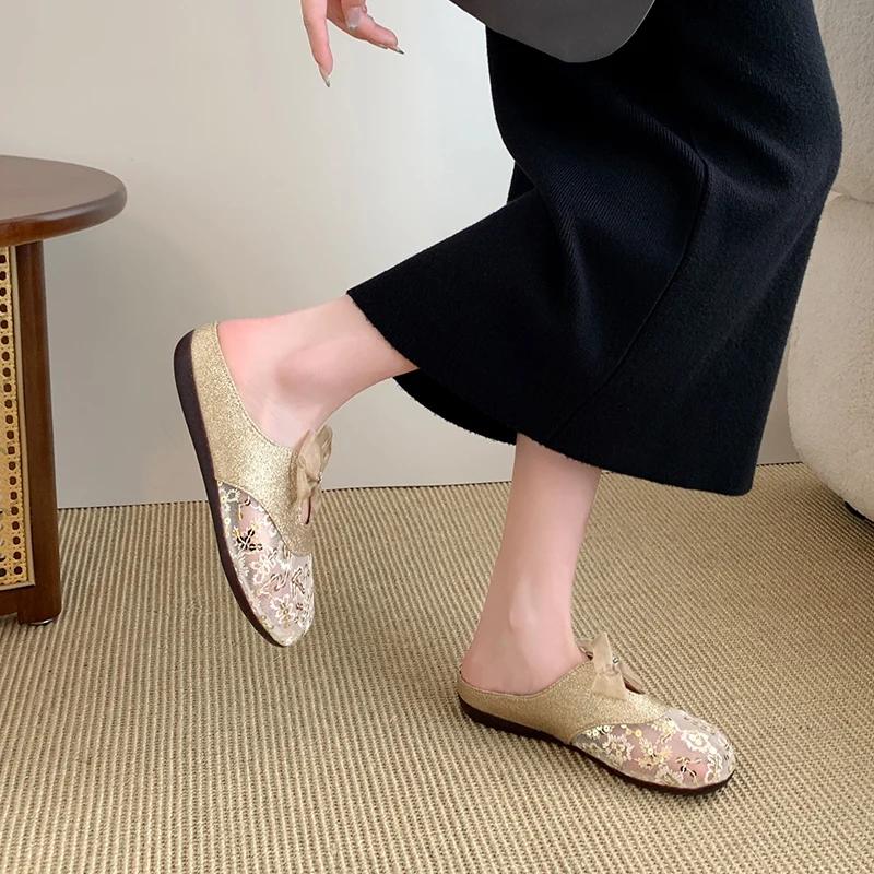 2025 New Closed Toe Women's Slippers Sequins New Mesh Plus Size Summer Outdoor Soft Bottom Butterfly-knot Flat Slippers