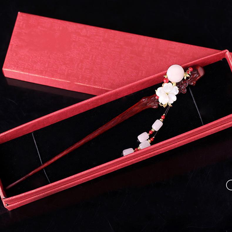 GEMCHIC Women's Vintage Chinese Style Red Sandalwood Hairpin with Cloisonné Flower and Tassel, Elegant Hanfu & Cheongsam Bun Accessory