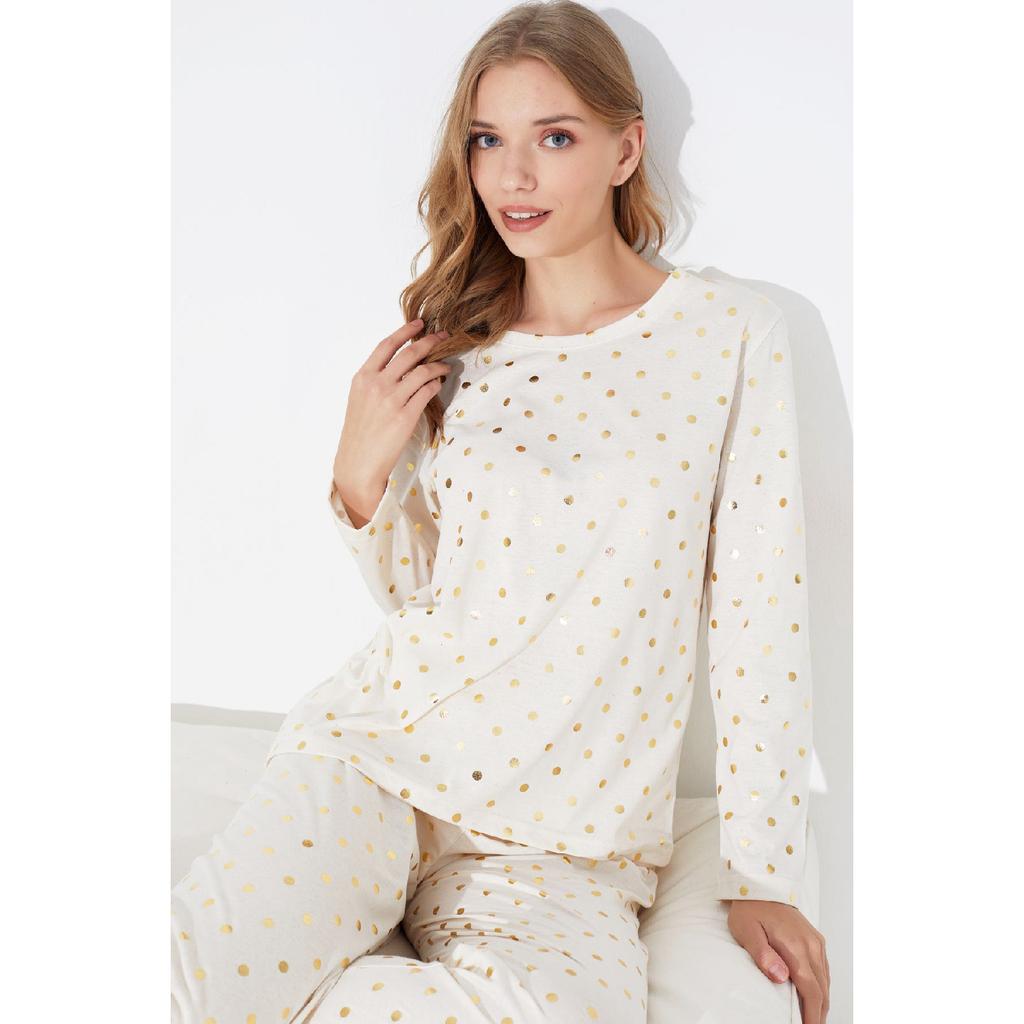 Pink Black Heart And Point Patterned Knitted Pajama Set 7792