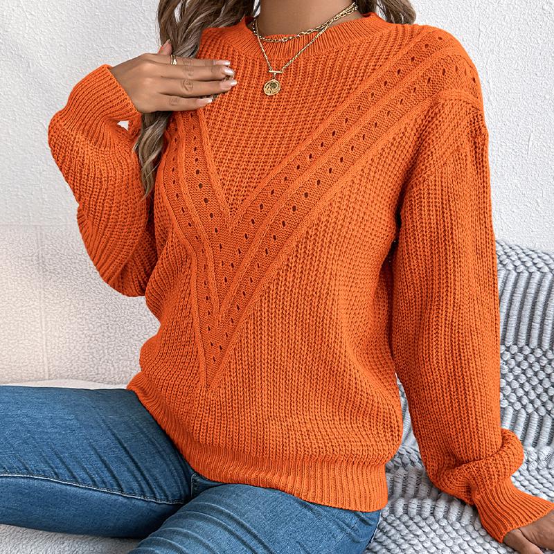 Women's Keyhole V-Neck Pullover with Puff Sleeves Solid Color Casual Knit Sweater