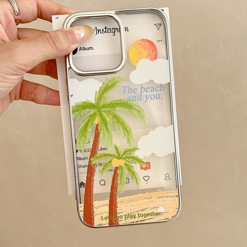 Summer Seaside Coconut Tree Suitable for Apple 16promax Mobile Phone Case 14 Electroplated IPhone 15 Protective Case
