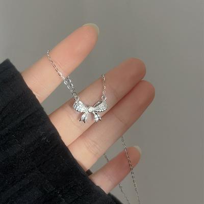Bow Necklace Women's Light Luxury Niche Design Zircon Clavicle Chain Stainless Steel Chain