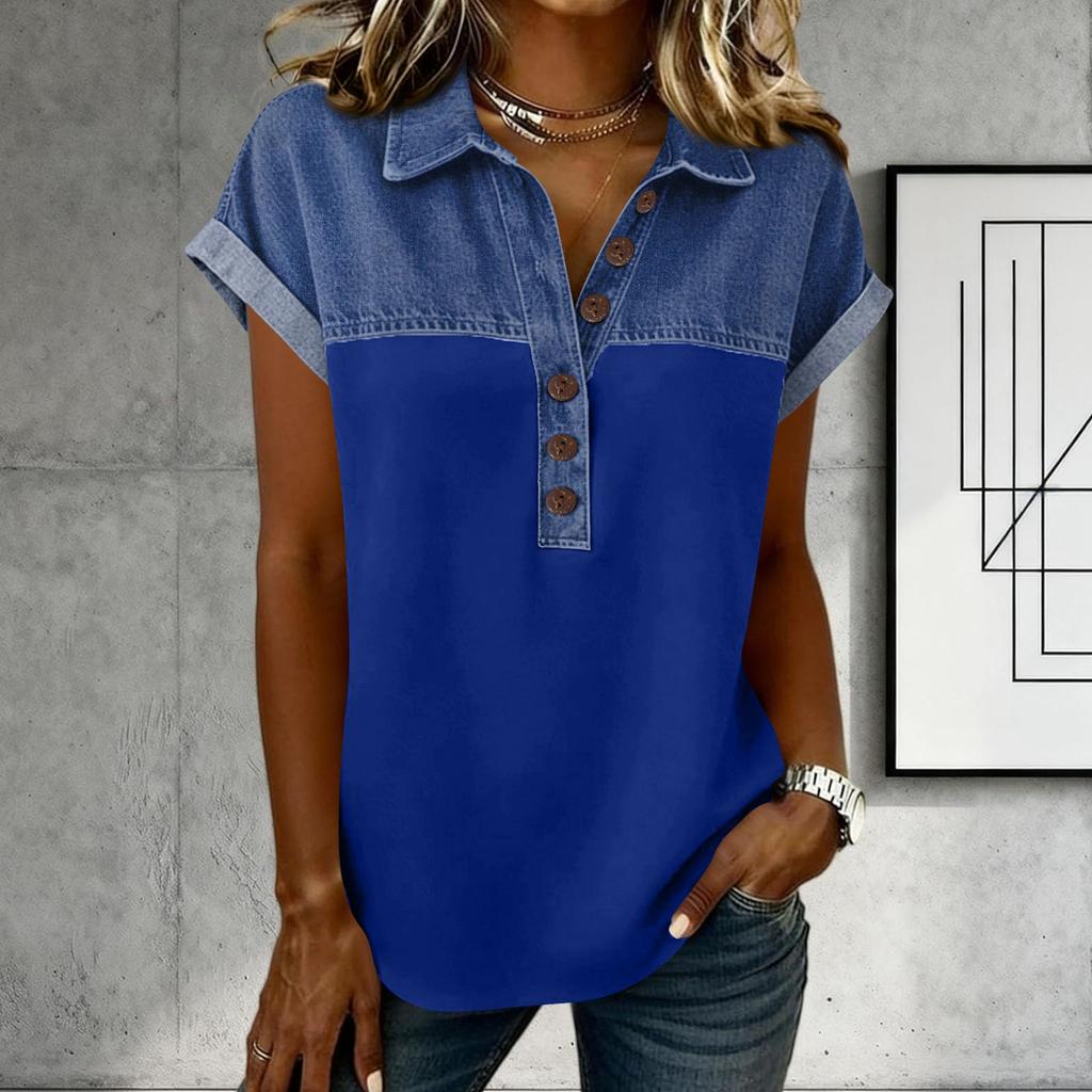 Denim Patchwork Shirts For Women Stand Collar Casual Blouse Short Sleeve Comfy Tshirt Spring Summer Fashion