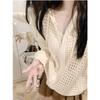 Women Hollow Out Knit Cardigan Hooded Zip Up Jacket Korean Style Spring Autumn Loose Lazy Thin Outerwear Casual Sweater Coat