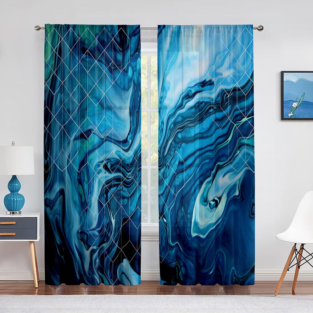Abstract Marble Navy Blue Gold Marbling Sheer Curtains for Living Room Bedroom Decoration Window Chiffon Tulle Curtains Kitchen