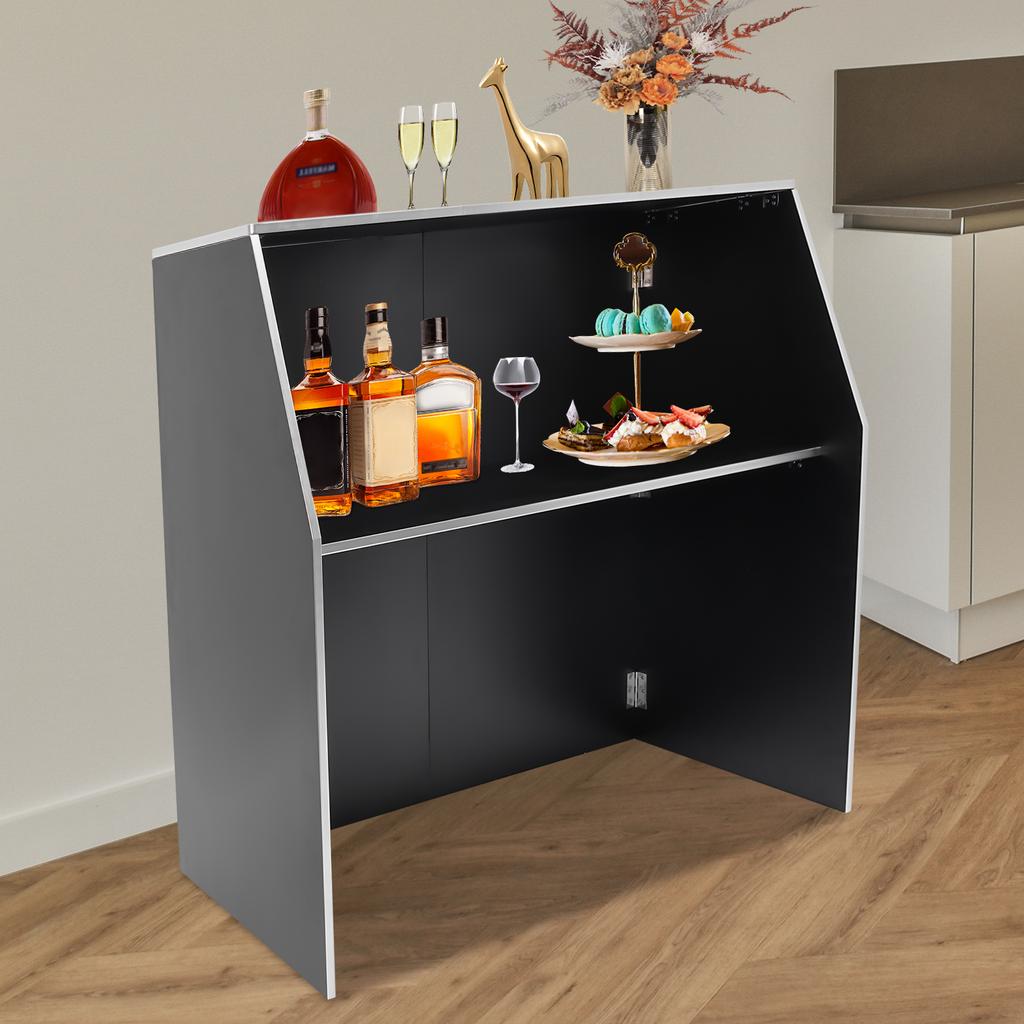 Portable Bar Cabinet, Folding Bar Table for Home Party, Outdoor Event, Wedding, Foldable Mini Bar Cart with Storage Shelf, Black