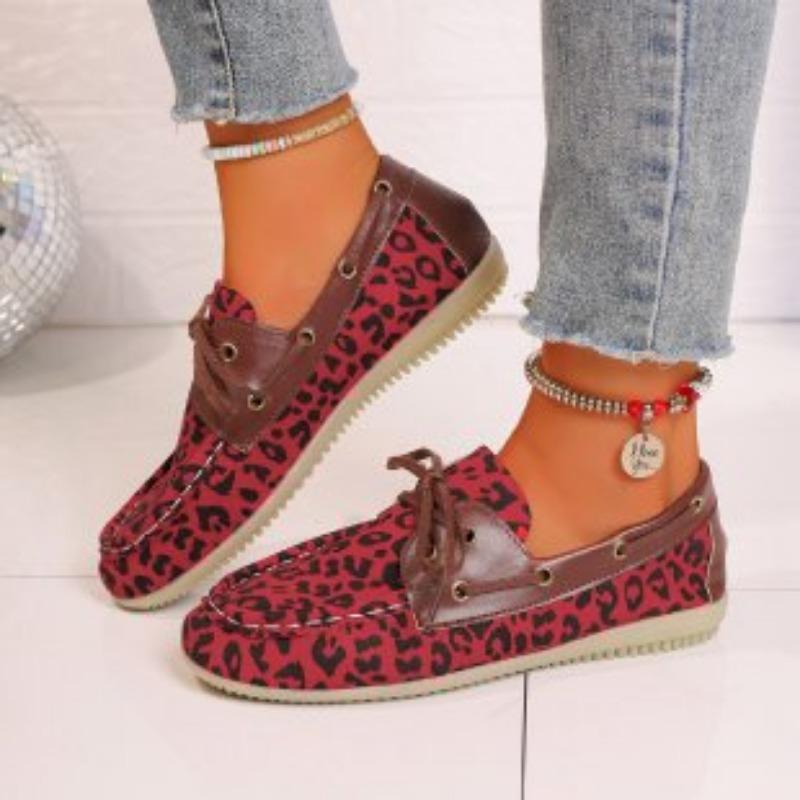Large size casual single shoes women's autumn new flat-bottomed leopard print lace-up four-season models