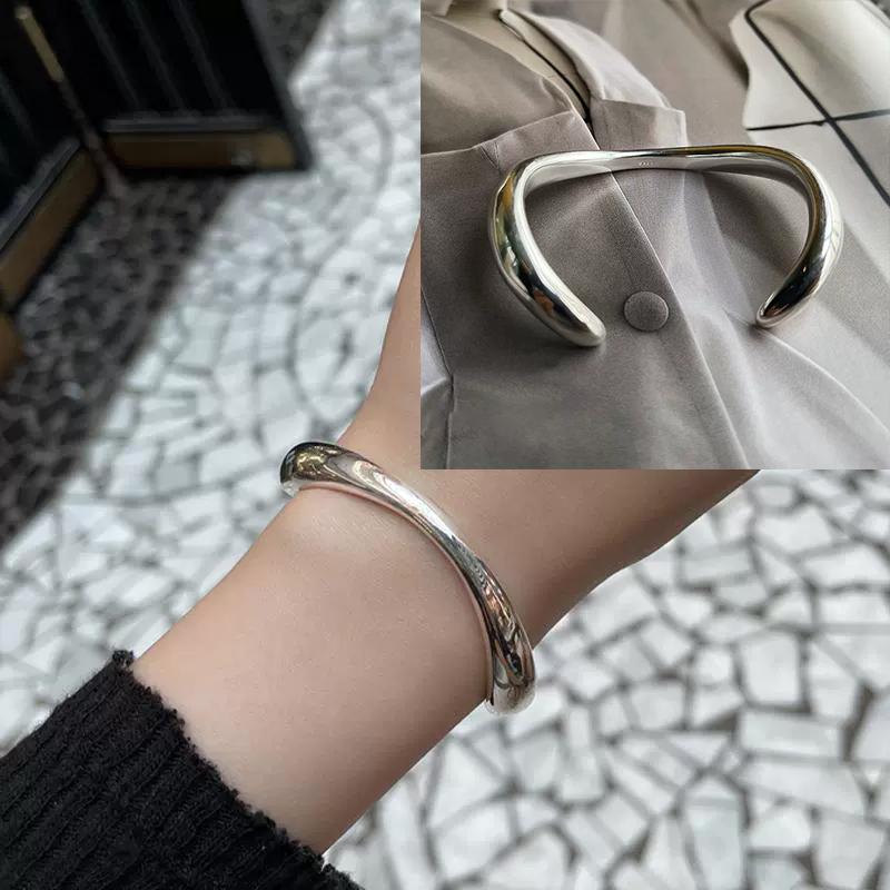 PANJBJ 925 Sterling Silver Irregular Geometry Texture Bangle Bracelet for Women Girl Minimalism Jewelry Gift Dropshipping