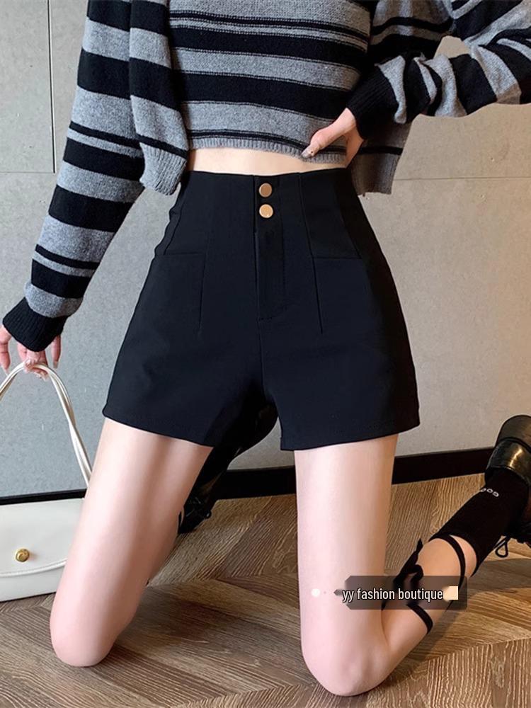 Women's High Waist Black Velvet A-Line Shorts with Elastic Slim Fit for Autumn