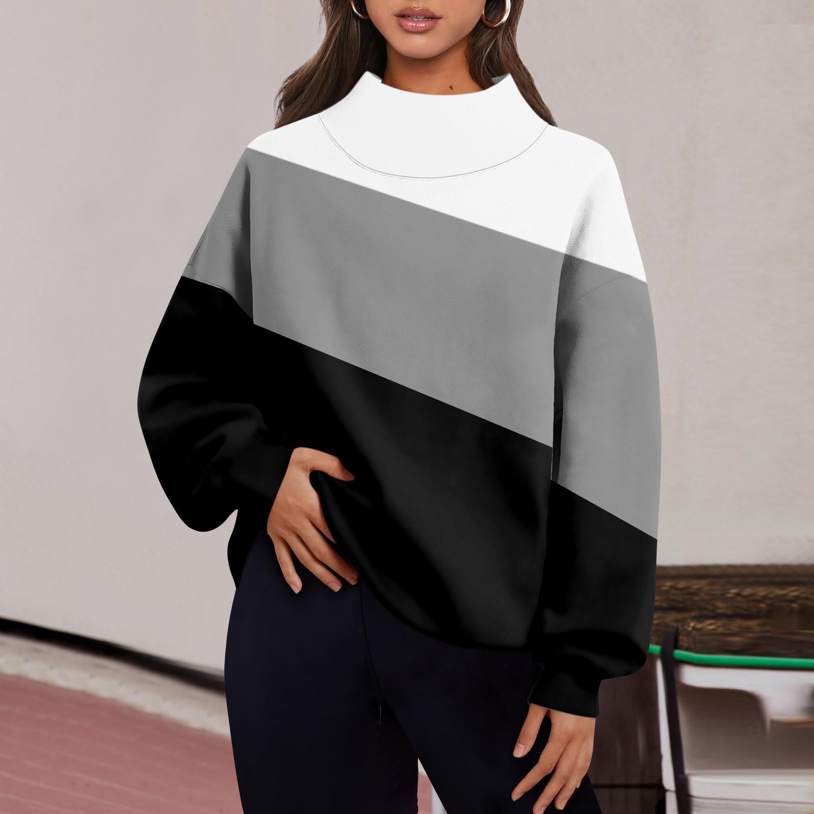 

Women s Fashion Print Long Sleeve Loose Slit Half Turtleneck Sweatshirt Top