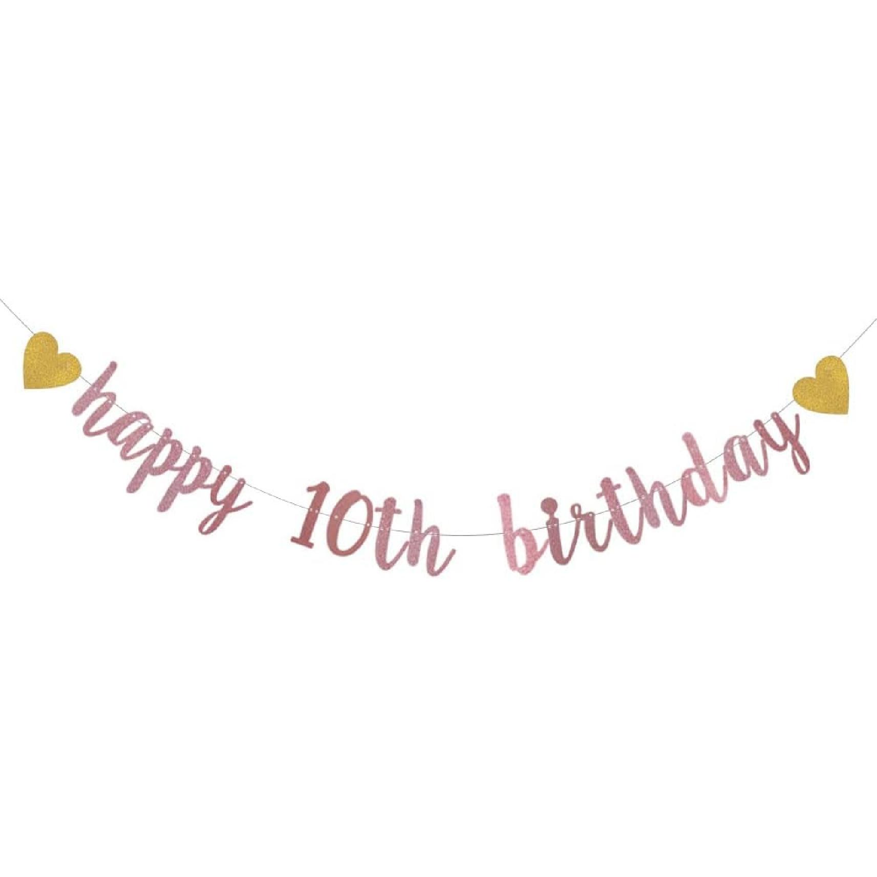 XIAOLUOLY Rose Gold Glitter Banner,Pre-Strung,10th Birthday Party Decorations Bunting Sign Backdrops,Happy 10th Birthday