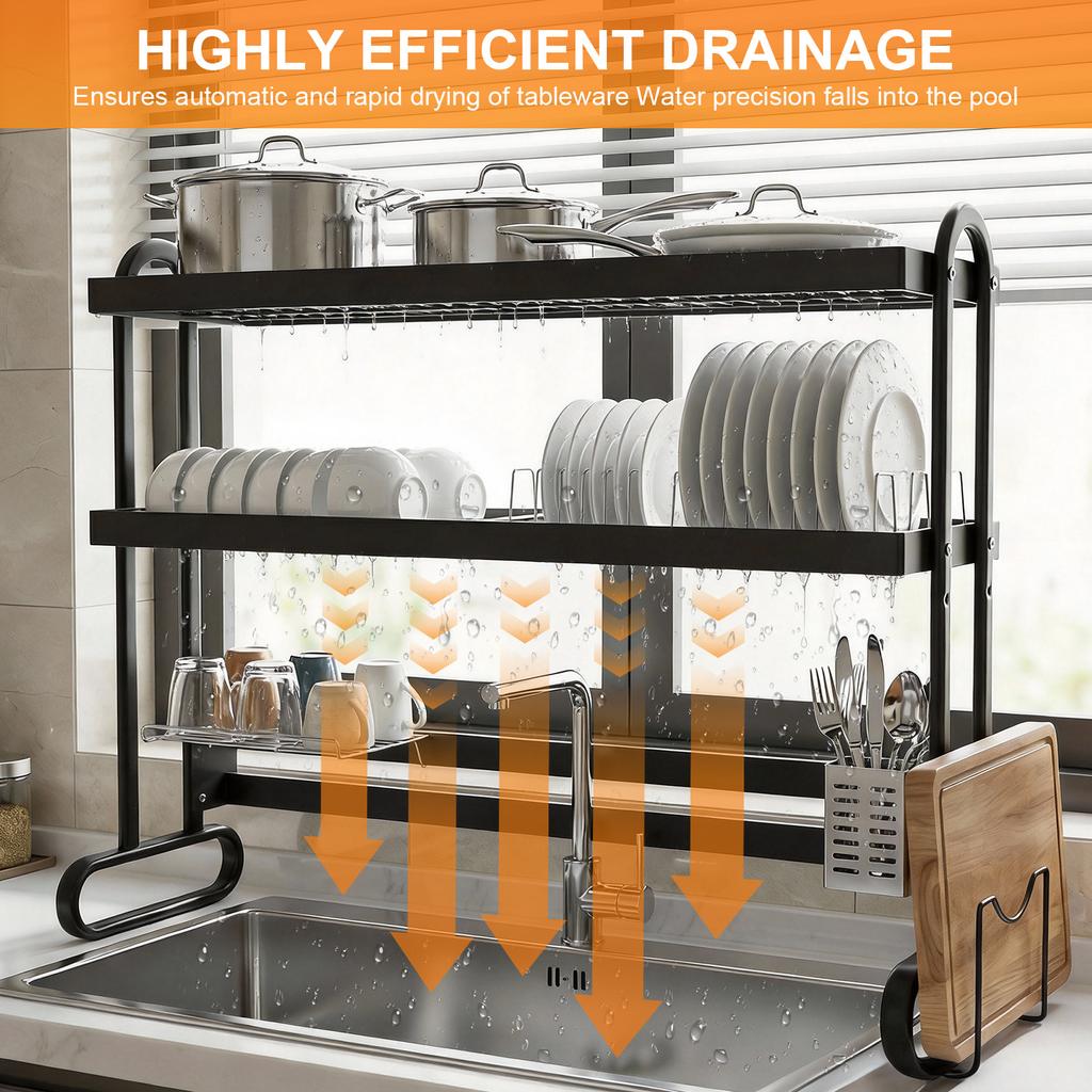 2/3 Layer Dish Drainer Stainless Steel Kitchen Dish Rack with Utensil Holder Large Capacity Anti-Slip Counter Organizer Accessor