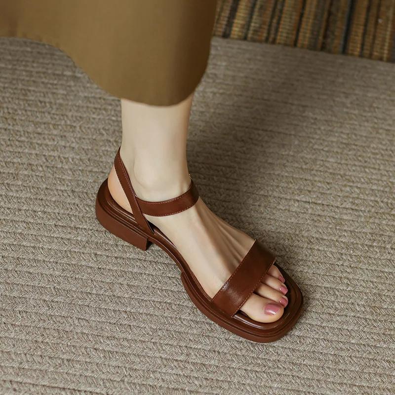 

Summer Women s Sandals Leather Sandals Square Toe Open Toe Strap Sandals Comfortable Block Heel Platform Sandals 39EU/CN40 коричневий