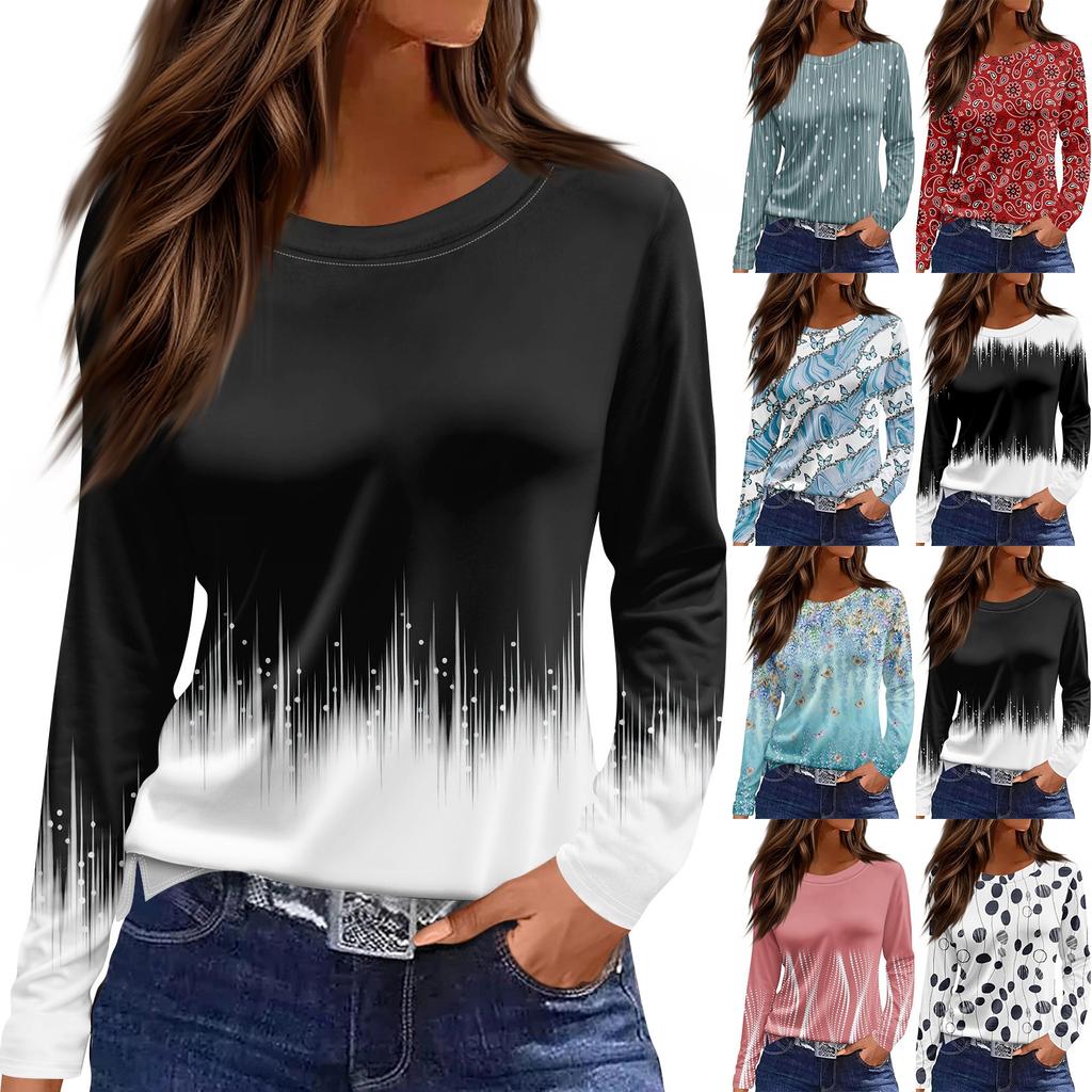 Women's Fashion Casual Slit Hem Round Neck Long Sleeve Loose  Printed T-Shirt Ladies Top