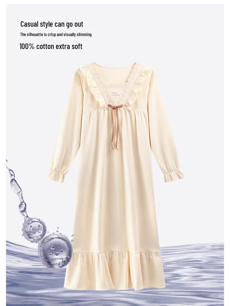 Nattlinne för gravida i koreansk stil för kvinnor, 100% ren bomull, antibakteriellt, långärmat - Lös passform för höst/vinter/vår