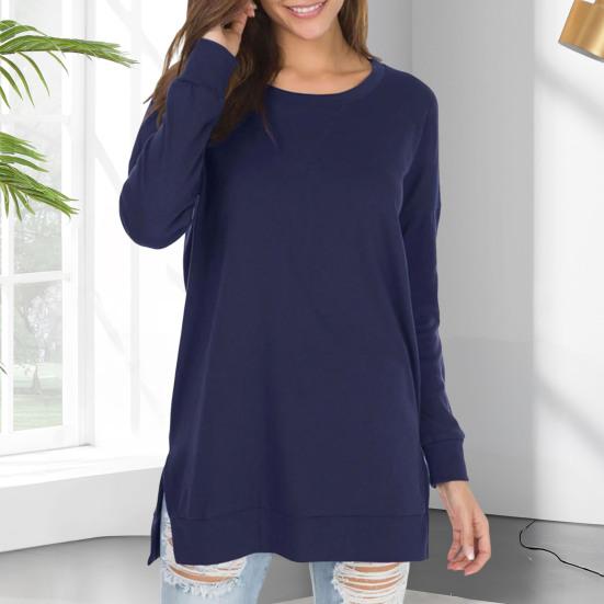Damen-Oberteile, Rundhalsausschnitt, lange Ärmel, seitlich geteilter Saum, Pullover, Oberteile, einfarbig, lockere Passform, T-Shirt für den Alltag