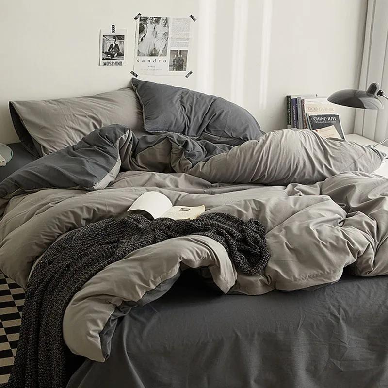 Fashion Solid Color Bed Sheet Style Duvet Cover Set Ab Double-Sided Color Matching Comfortable Sets Washed Cotton Bedding