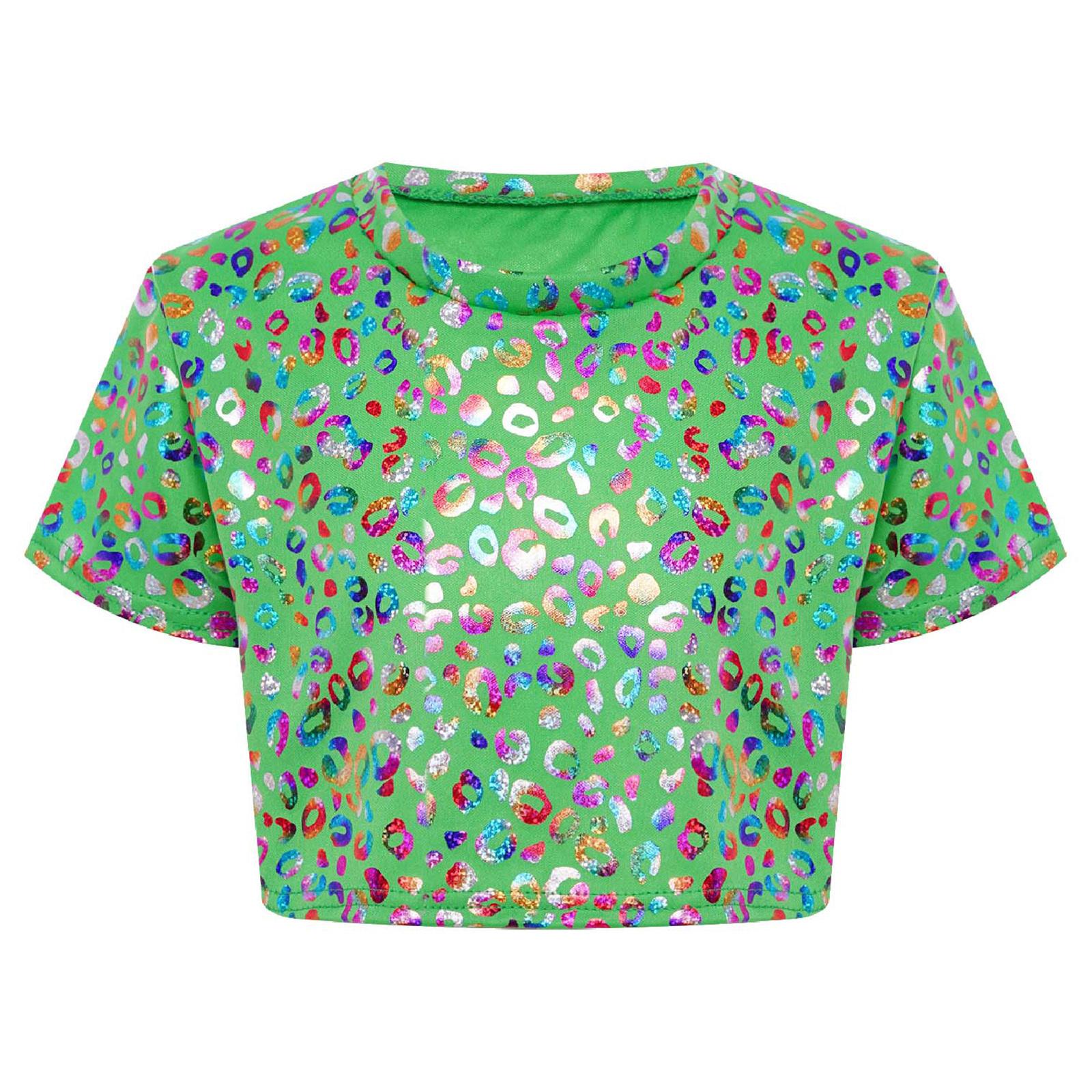

Girls Dance Crop Top Short Sleeve Round Neck Metallic Leopard Print Cheerleading Performance Costume 5-6 Years зелений