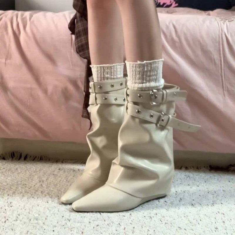 Pointed Toe Temperament Wedge Heel Trouser Boots Women'S New Skinny Belt Buckle French Spice Girl Short Boots