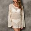 Women's Crew Neck Long Sleeve Crochet Knit Loose Fit Tunic Beach Cover Up For Swimwear Summer Vacation