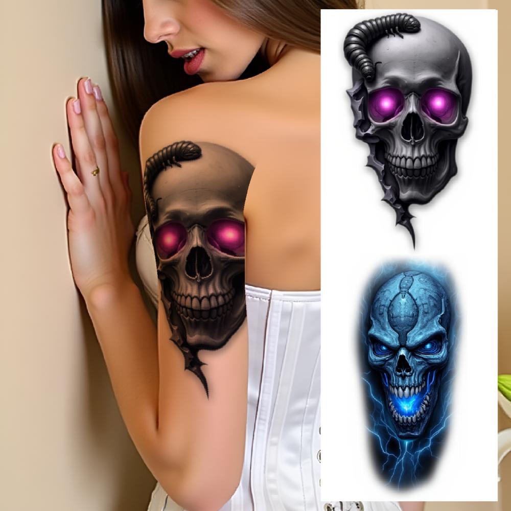3pcs Temporary Tattoo Realistic Temporary Tattoos Skull With Flowers Skull With Butterfly Skull With Worm For Adults Women