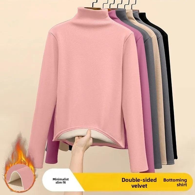 Women Thermal Underwear Winter Thickened and Flannel Bottom Shirt Solid Long Sleeve Basic T-Shirt Heating Fiber Pullovers