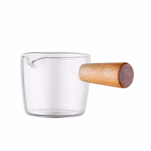Homornat Japanese-Style Glass Multi-Purpose Dish with Wooden Handle, Coffee, Dessert, Milk Pan (50ml)