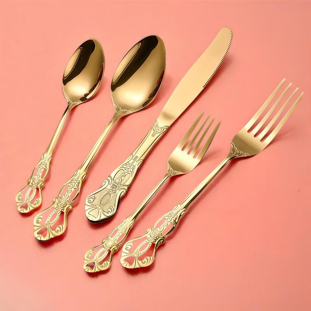 Royal Court Embossed Stainless Steel Cutlery Set – Retro Hollowed Knife, Fork, and Spoon
