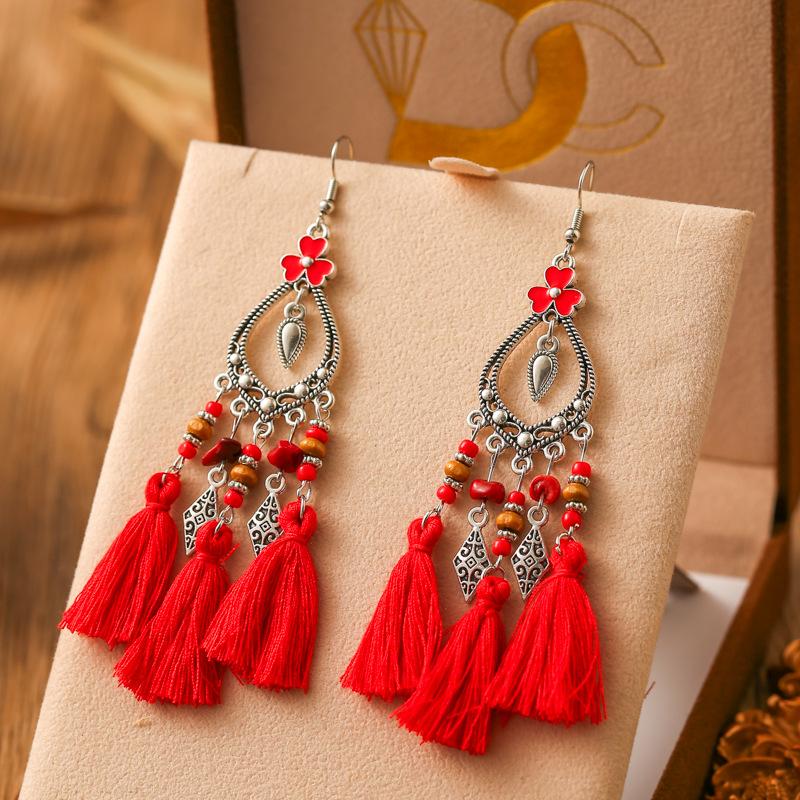 

Fashion Bohemian Heart Flower Enamel Geometric Tassel Earrings For Women Irregular Stone Beads Handmade Boho Wedding Zircon красный