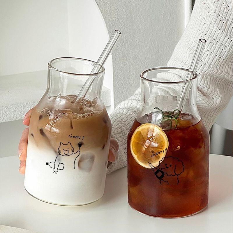 

Ins Style Glass Cup, Household Drinking Cup, Simple Cold Brew Coffee Cup, Large Capacity High-value Juice Cup, Straw Cup 601-700ml