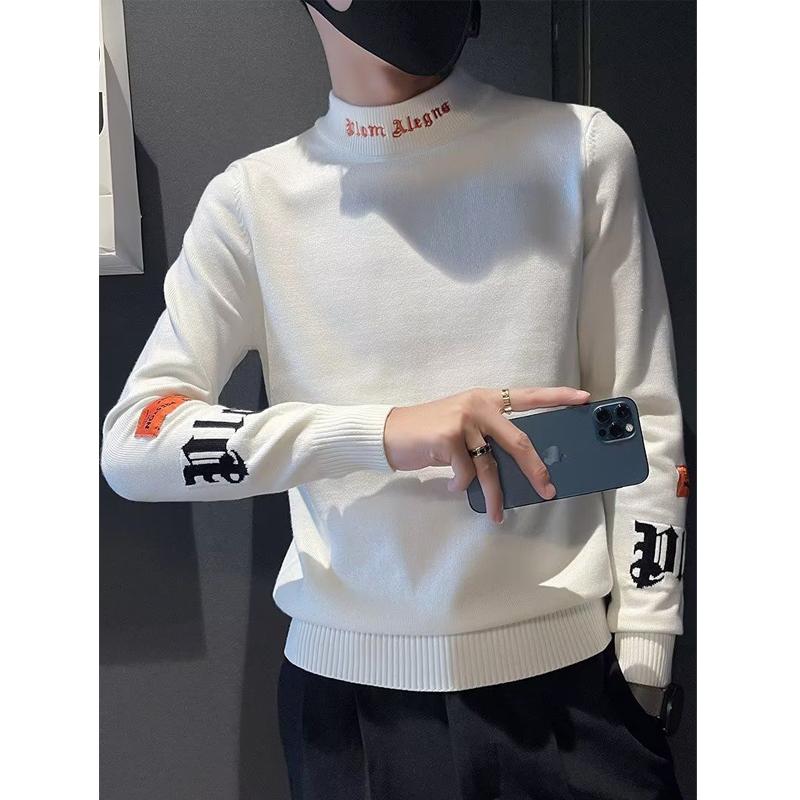 Autumn Winter Men's Korean Fashion Letter Embroidery Basic Knitted Sweater Male Half High Collar Long Sleeve Slim Pullover Tops