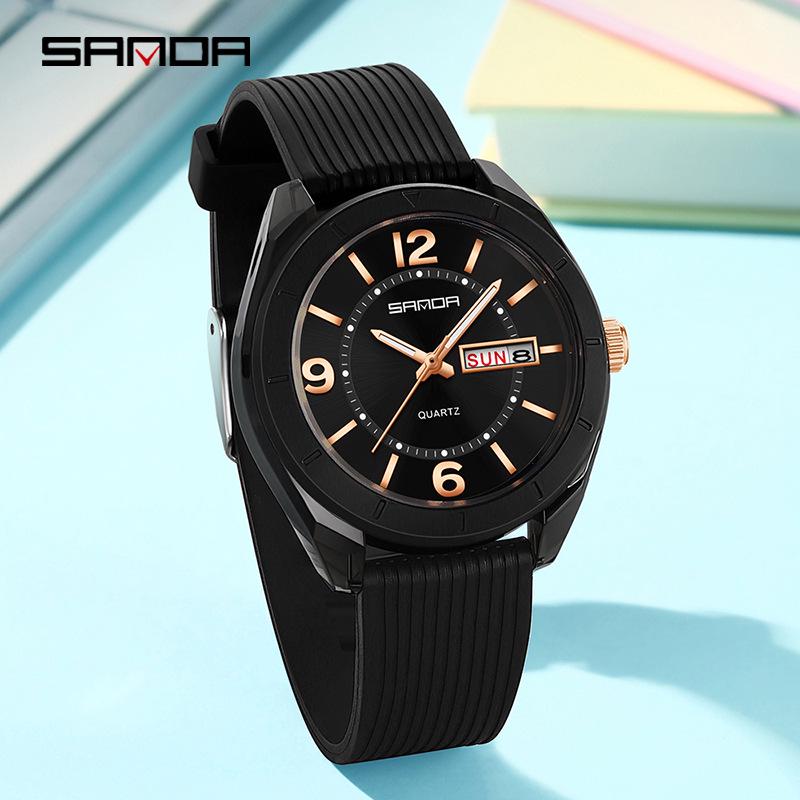 Orologio Sanda Dual Calendar al Quarzo da Studente con Lancette Luminose, Impermeabile, alla Moda, Cassa Rotonda Trasparente