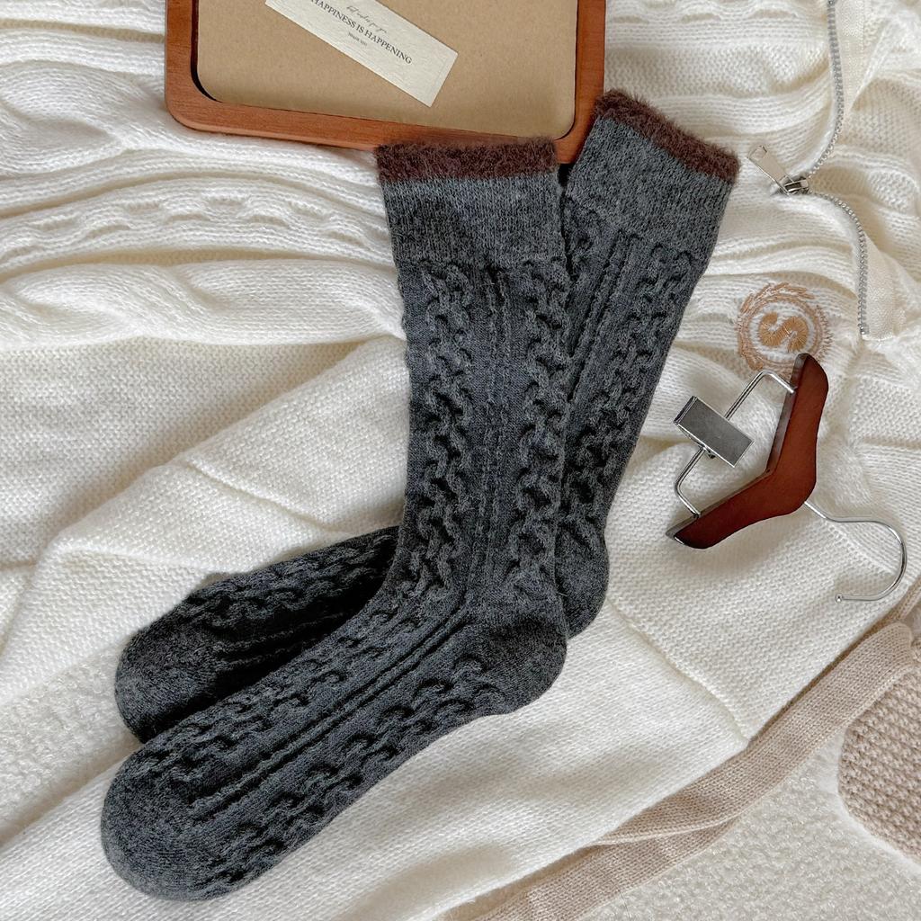 Wool Socks Children'S Warm Thickened Socks Fleece Medium Tube Socks Contrast Twist Striped Stacking Socks