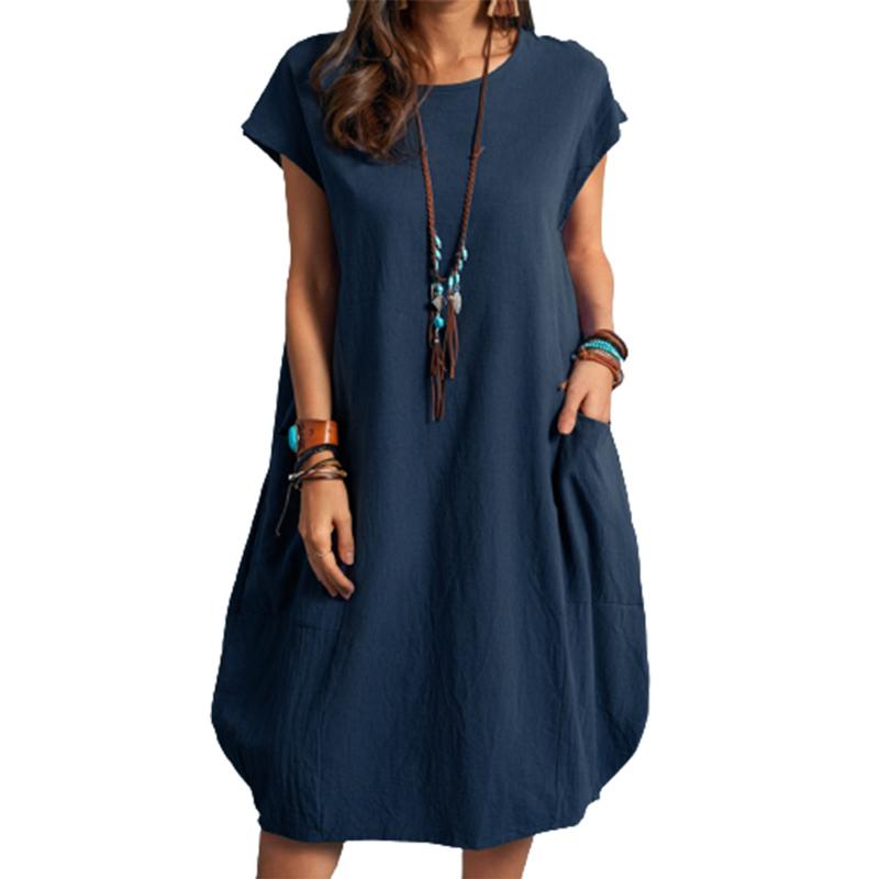 

Summer Breathable Cotton Linen Solid Color Dresses Female Comfortable Casual Loose Dressy Women s Crew Neck Double Pockets Gown XS
