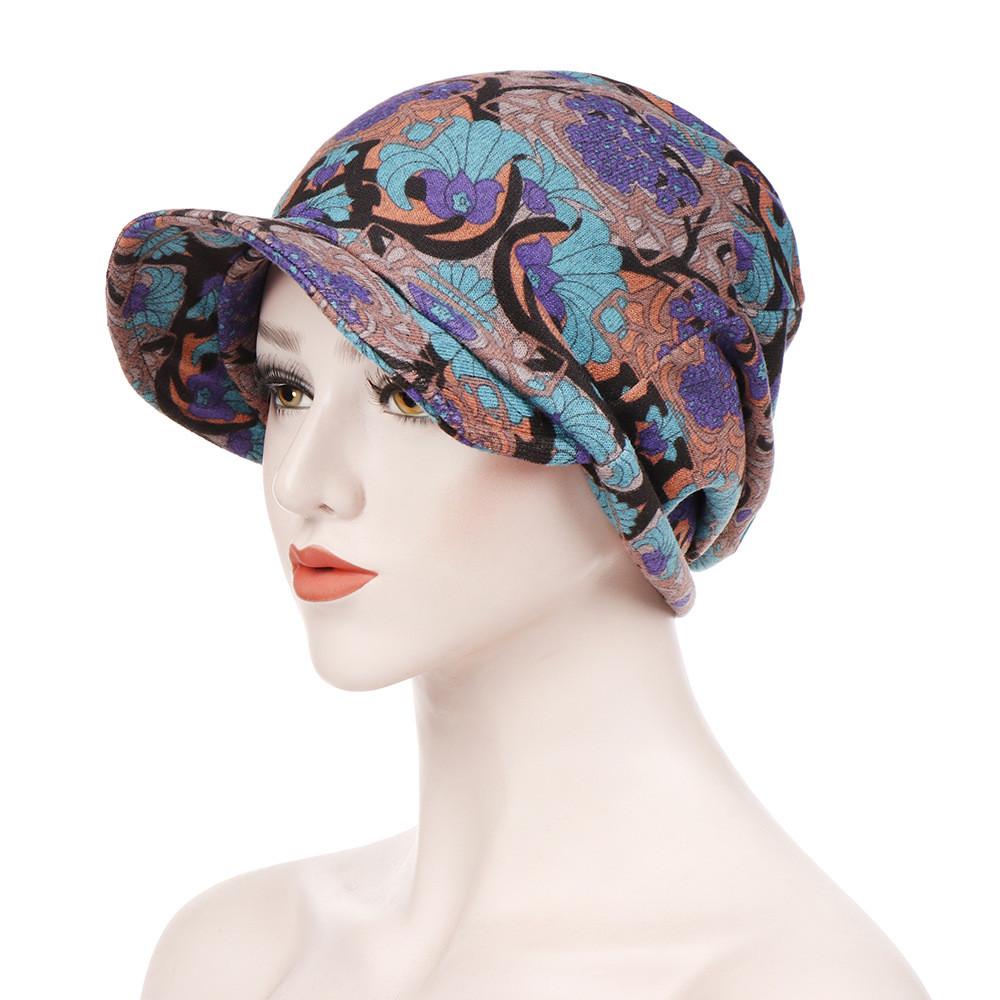 Fashion Women Floral Print Cotton Keep Warm Winter Wide-Brimmed Hat Turban Cap