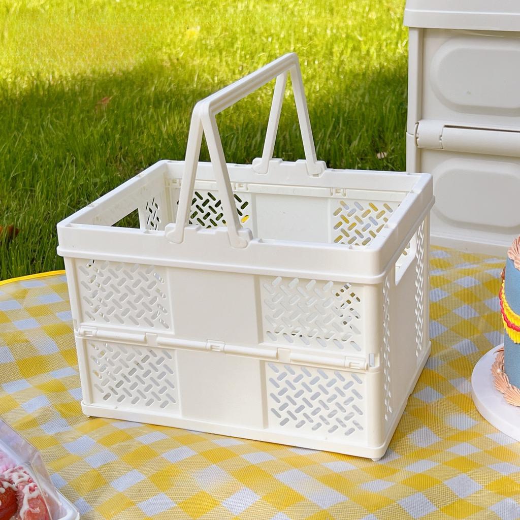 1pc Collapsible Storage Basket with Handle for Desktop Bookshelf Drawer, Stackable Folding Container for Kitchen, Bedroom, Office