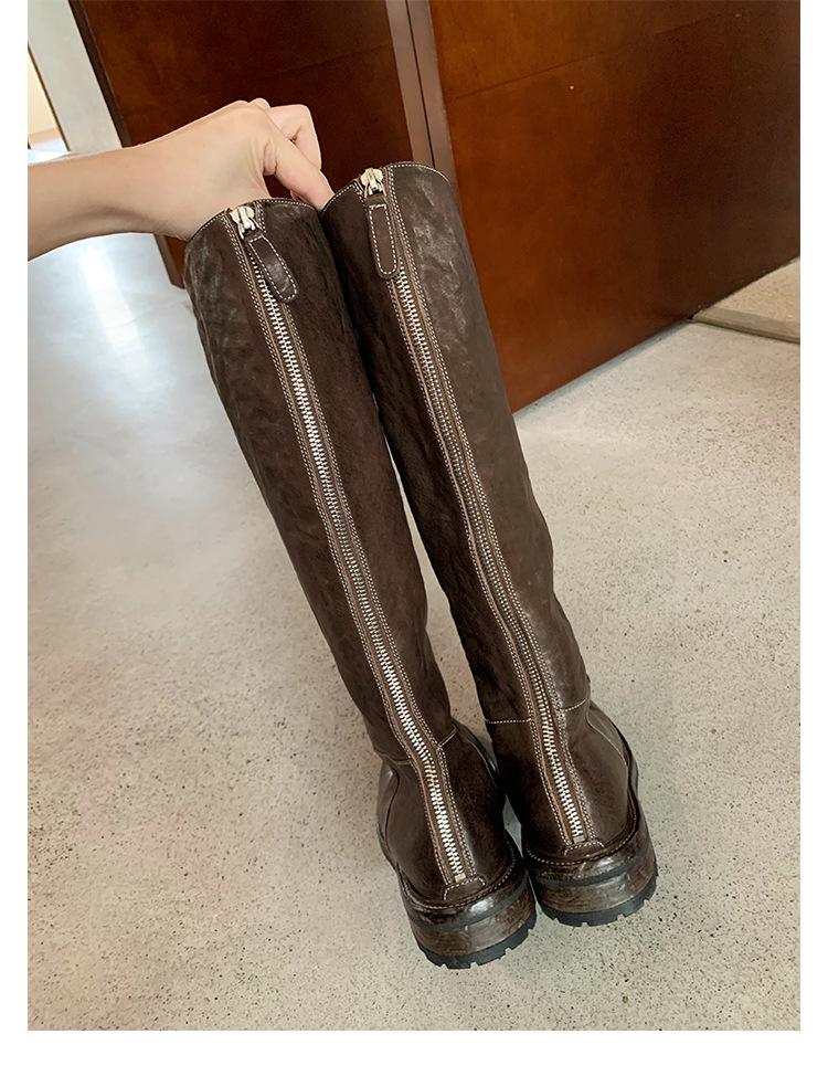 

Spot version of high-end grape mother, the same retro cowhide round head pleated versatile and thin zipper thick-soled knight boots 34