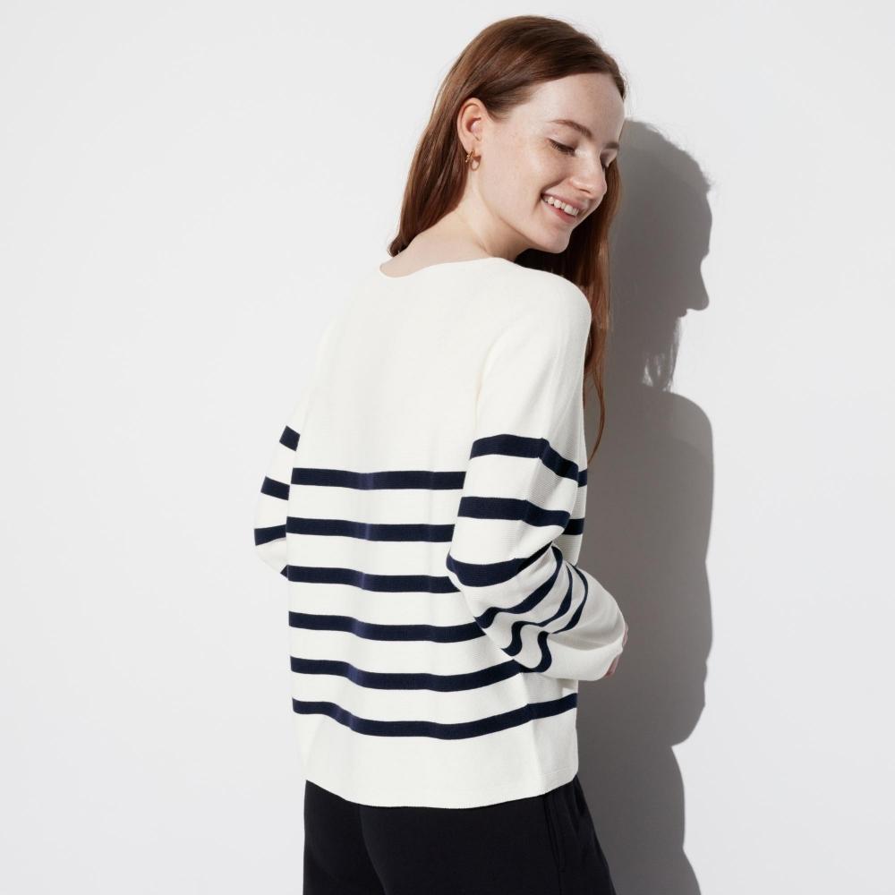 Uniqlo 3d Knitted Cotton Stripe Crew Neck Sweater Long Sleeve