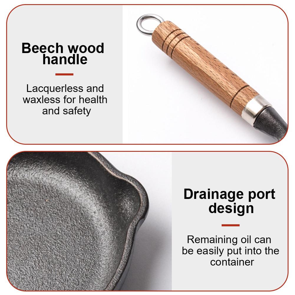 4/6/7.8 Inch Cast Iron Skillet Non Stick Frying Pan with Wood Handle Fry Pan with Double Drip-Spouts for Indoor & Outdoor Use
