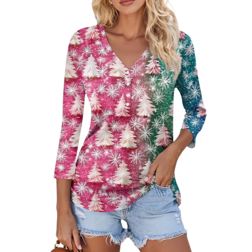 Women's Casual Fashion Sexy Comfortable Christmas Print V-Neck Button Three-quarter Sleeve Top