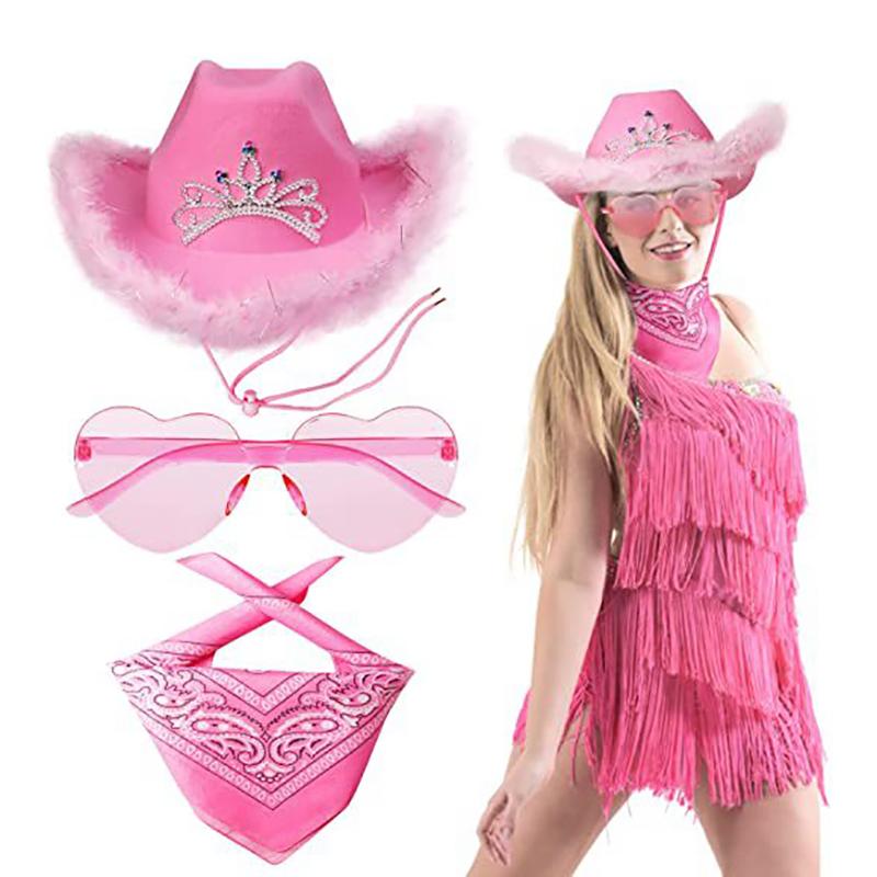 1 Set Cowboyhüte Western Cowgirl Hut für Damen Mädchen Foto Requisiten Bandana Brillen Glamouröse Cowgirl Hüte Party Fedora Kappe