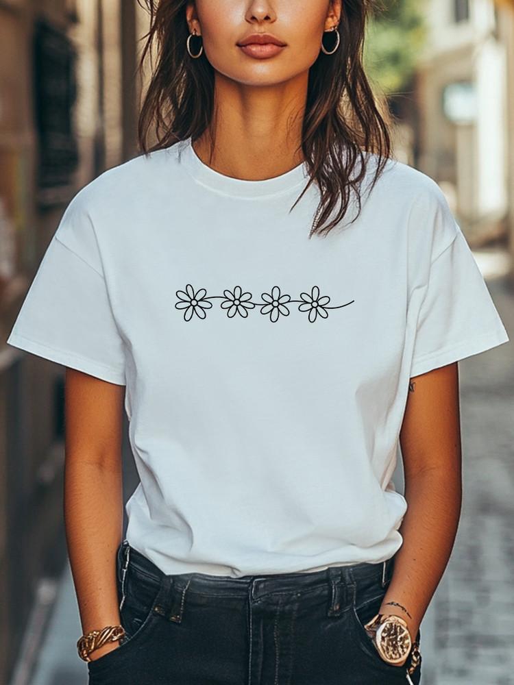 Minimalist Daisy Line Art T-Shirt Floral Graphic Tee for Women Casual T-Shirt Unisex T-Shirt S