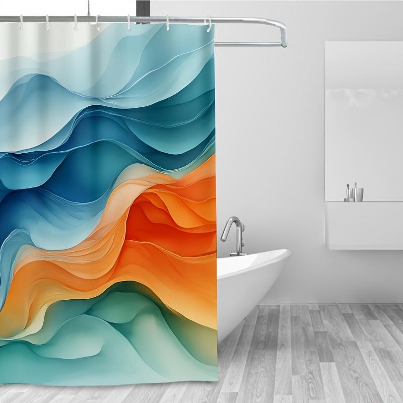 1pc Shower Curtain - Blue Teal to Orange Gradient Waves, 71x71 Inch, Polyester, 12 Hooks, Modern Bathroom Decor