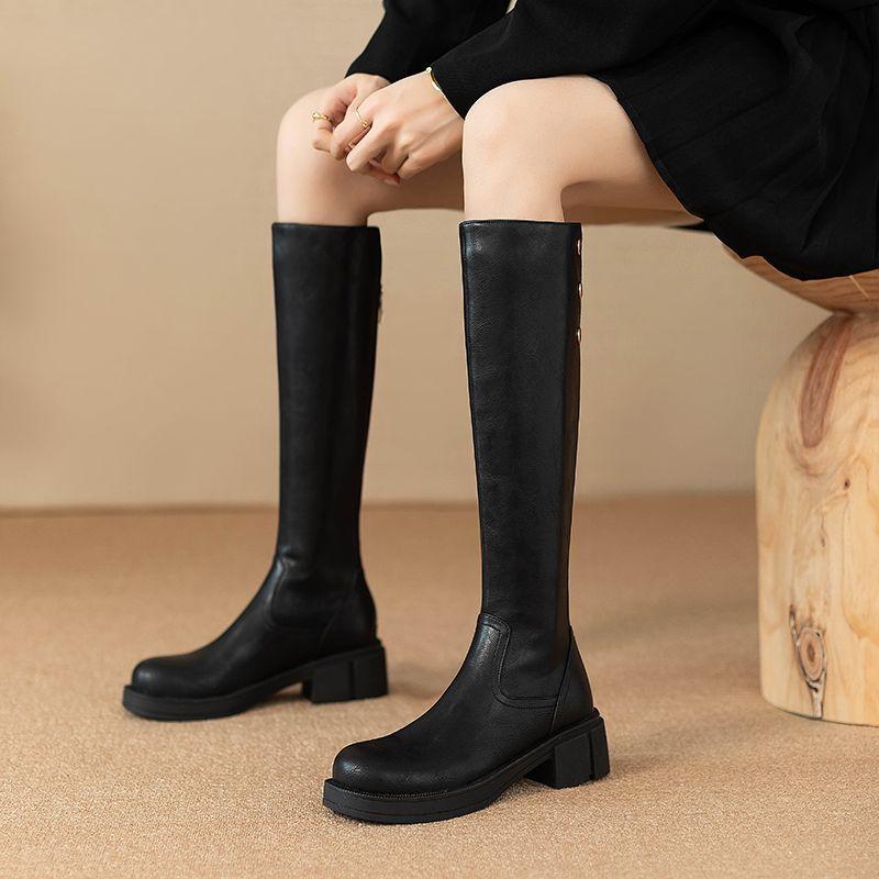 Fashion Middle Heel Leather Round Toe Long Boots for Women Autumn Winter Chic and Elegant Fashion 2025 Sale Knee High Shaft Shoes Woman