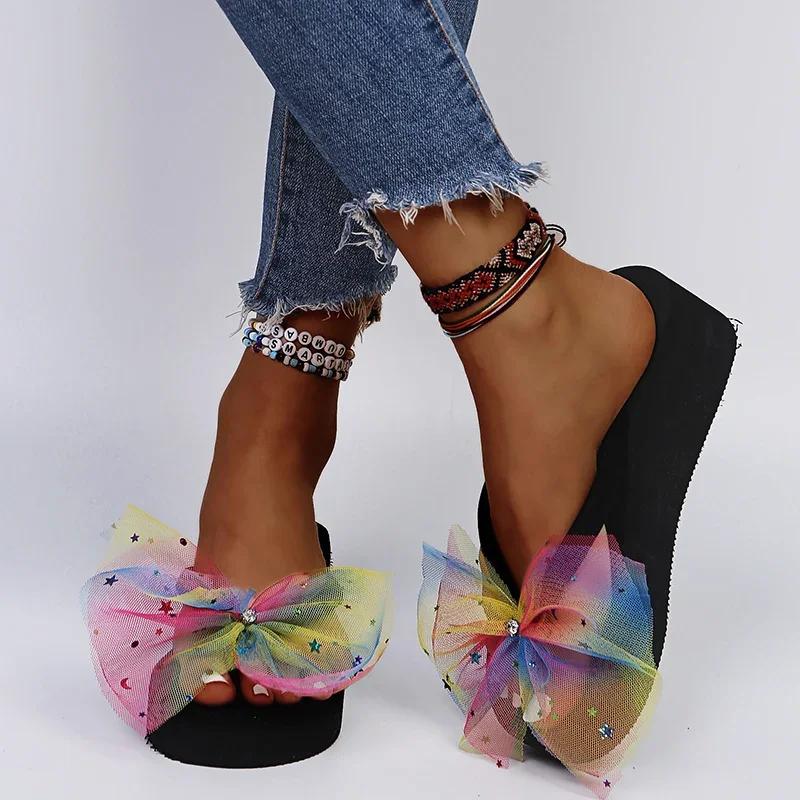 Fashion Summer Colorful Mesh Bowknot Flip Flops for Women Star Sequins Wedges Clip Toe Sandals Woman Lightweight Platform Beach Slippers