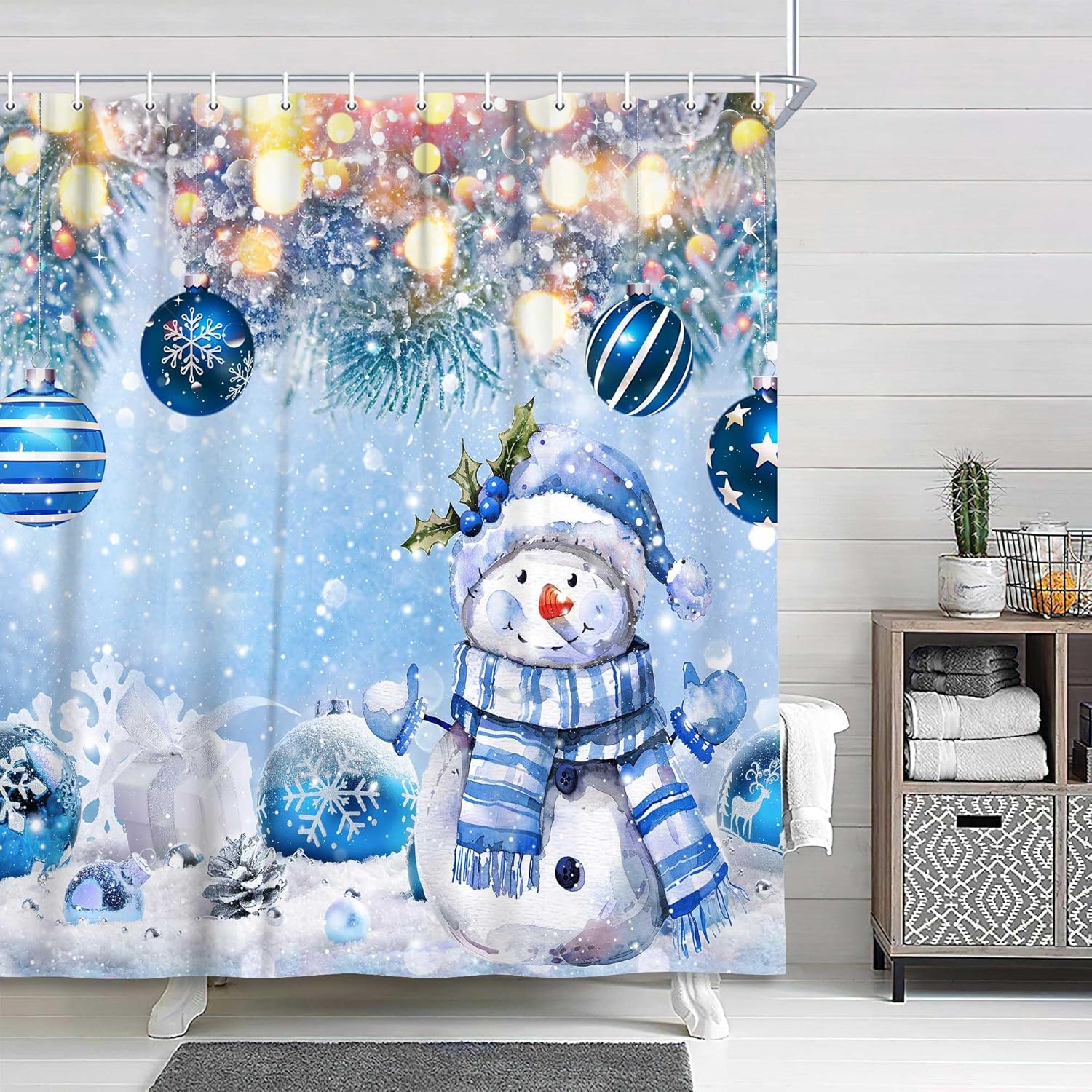 

Christmas Winter Snowman Pink Ball Shower Curtain Snowflake Pine Tree Twig Bathroom Curtain For Holiday Decorations Waterproof W60H190(CM)-1 Pcs