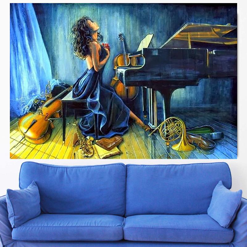 Abstract Sexy Woman Play Piano Cello Canvas Painting Romantic Music Figure Wall Art Poster and Prints for Living Room Home Decor