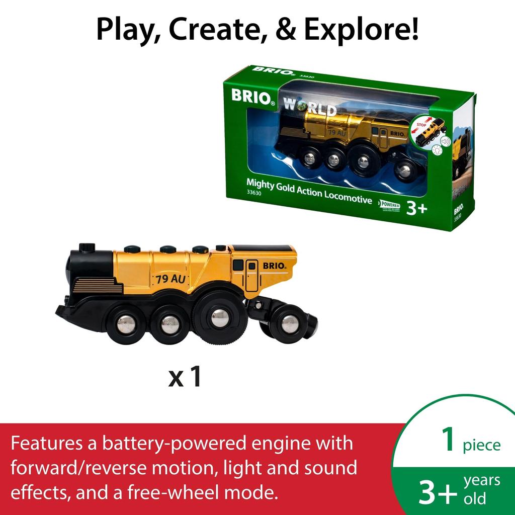 BRIO Mighty Gold Action Locomotive 33630, for Ages 3 and Up. [Toy, Wooden Toy Train, Locomotive, Car, Electric Vehicle, Gift (Birthday/Christmas)]